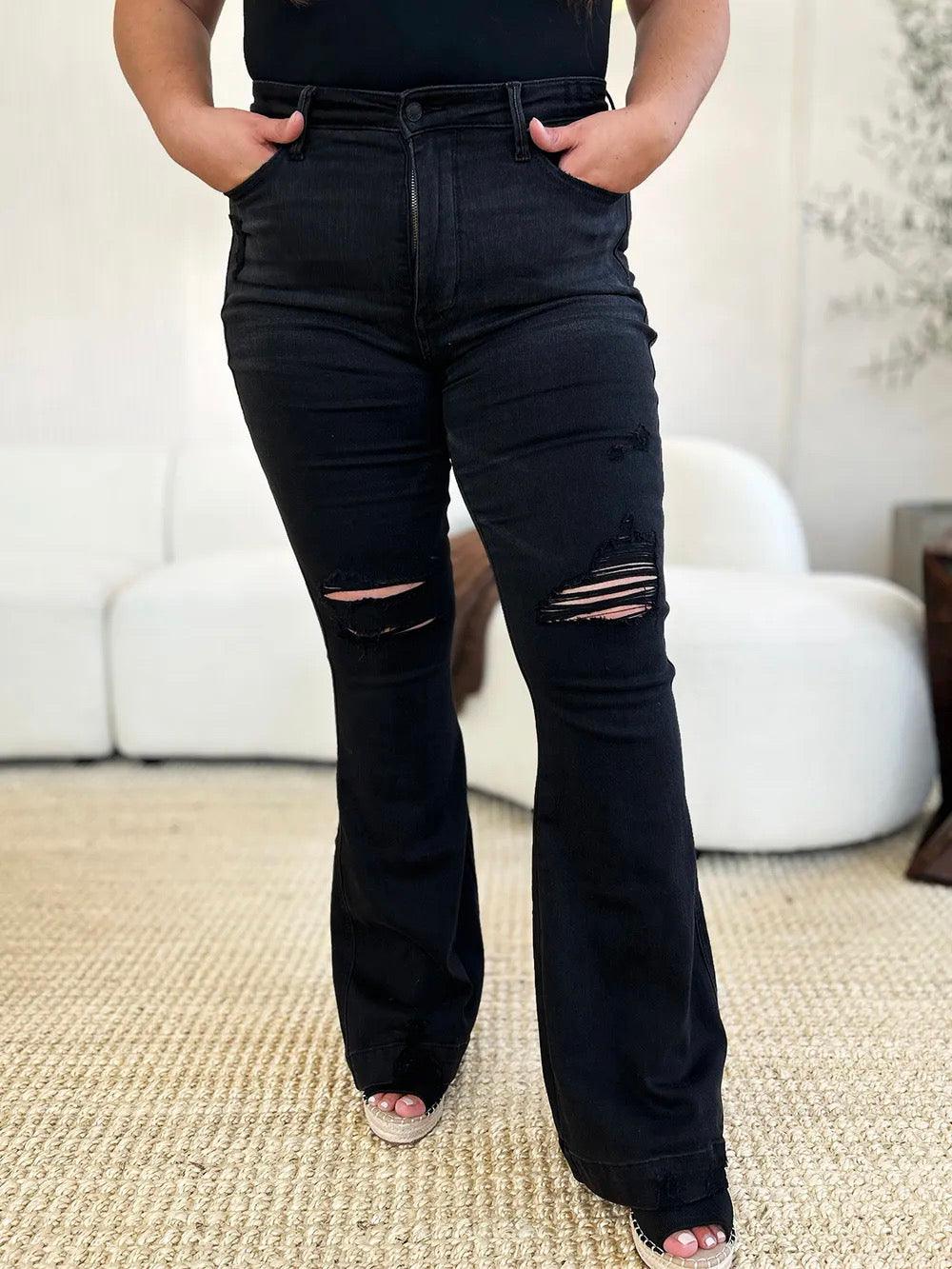 Judy Blue | High Rise Distressed Flare Jeans in Black