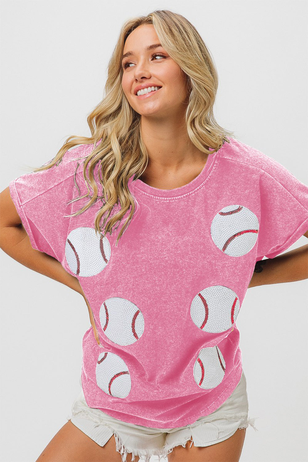 BiBi | Sequin Baseball Short Sleeve T-Shirt in Pink