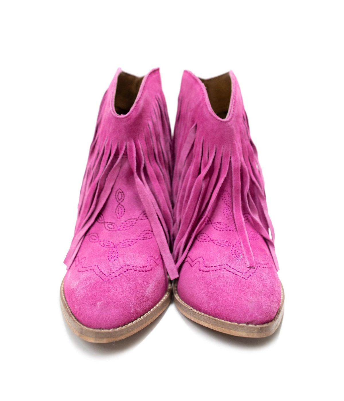 Amos Fringe Ankle Bootie in Magenta Suede