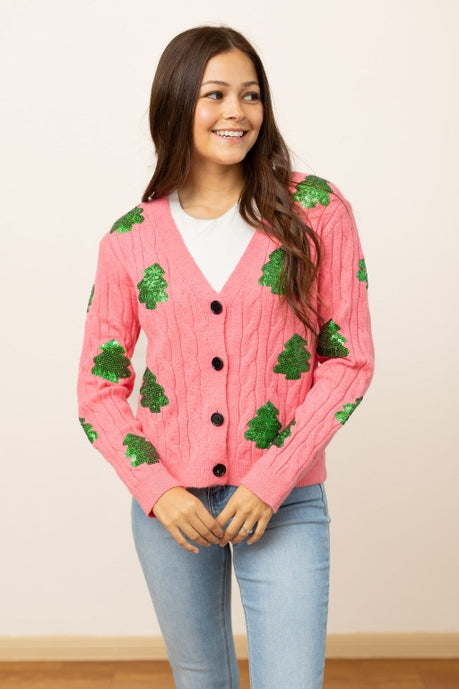 Pink Sequin Trees Cardigan