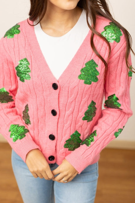 Pink Sequin Trees Cardigan