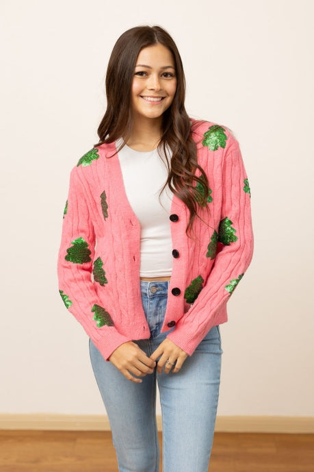 Pink Sequin Trees Cardigan