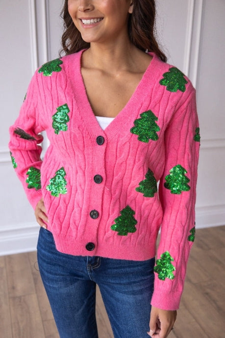 Pink Sequin Trees Cardigan