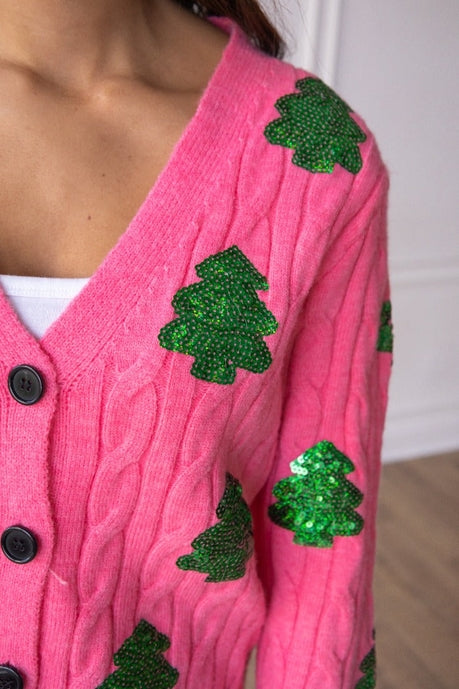 Pink Sequin Trees Cardigan