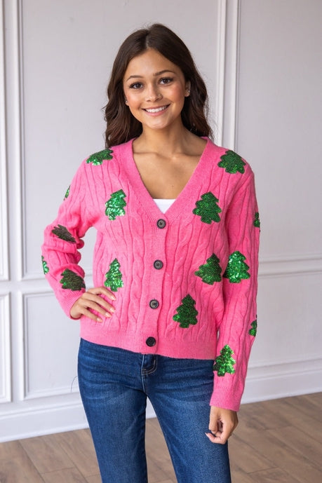 Pink Sequin Trees Cardigan