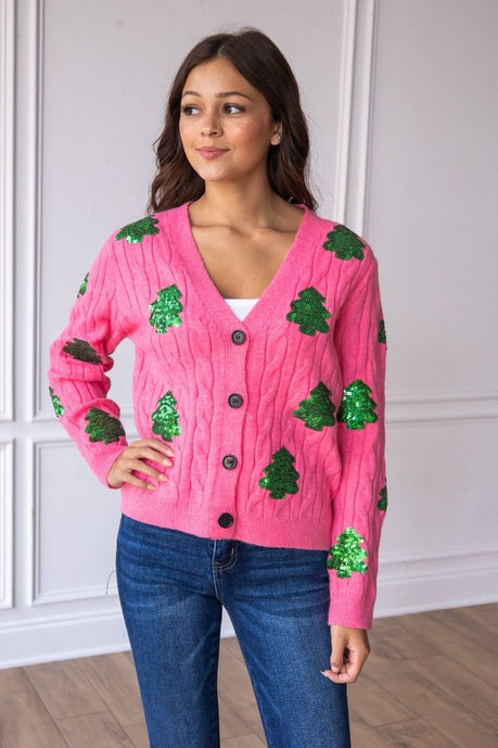 Pink Sequin Trees Cardigan