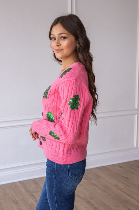 Pink Sequin Trees Cardigan