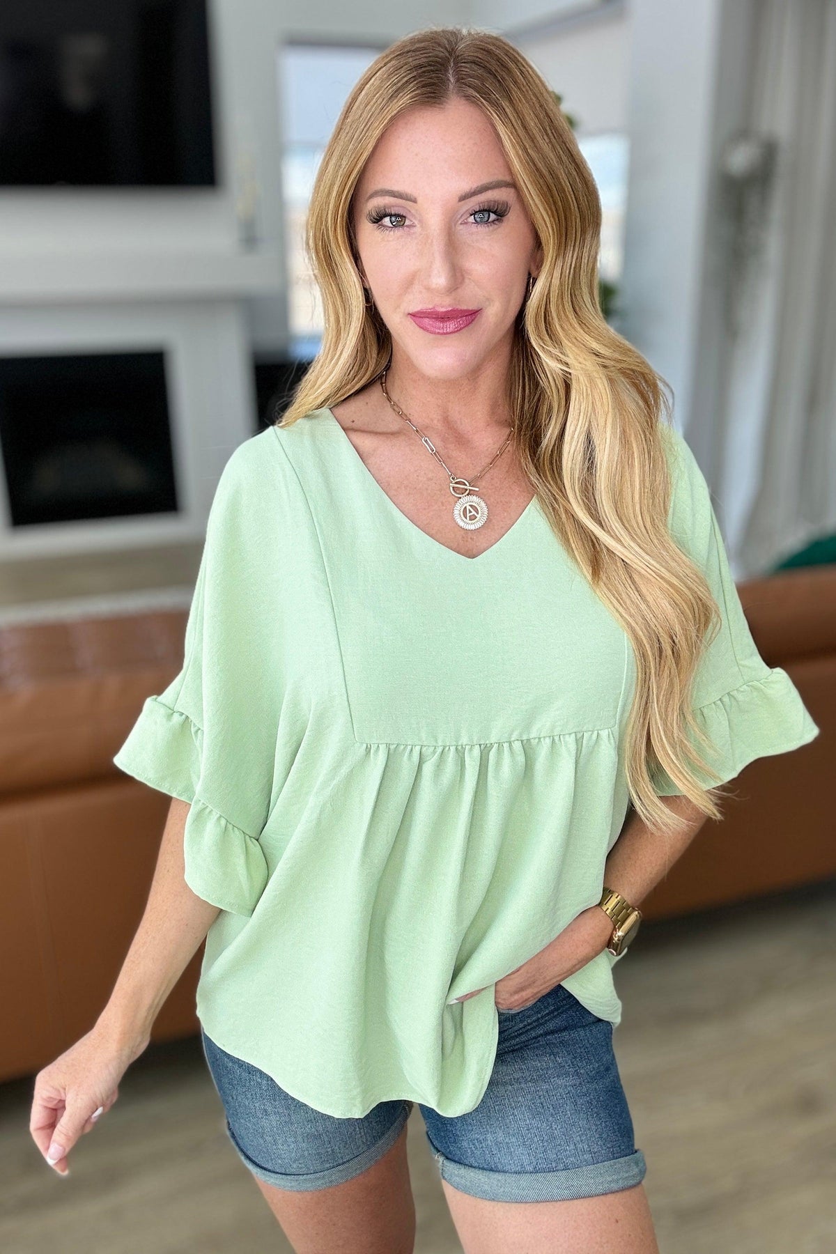 Airflow Peplum Ruffle Sleeve Top in Sage - becauseofadi