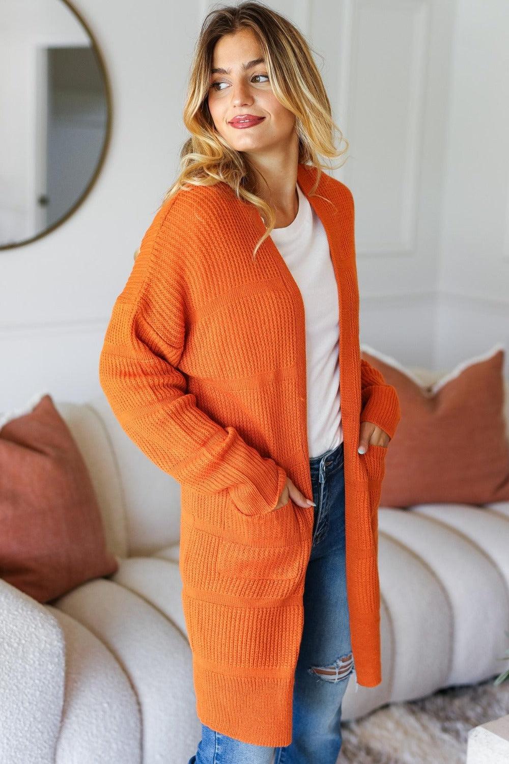 Haptics Stripe Textured Open Front Cardigan with Pockets