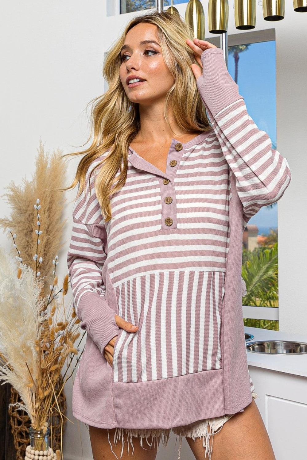 BiBi Striped Thumbhole Long Sleeve Top - becauseofadi