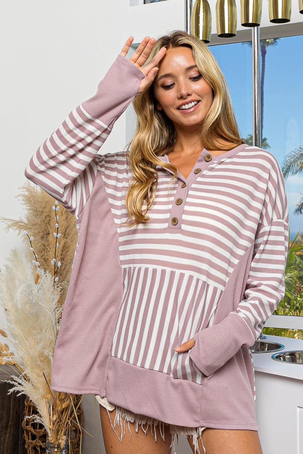 BiBi Striped Thumbhole Long Sleeve Top - becauseofadi