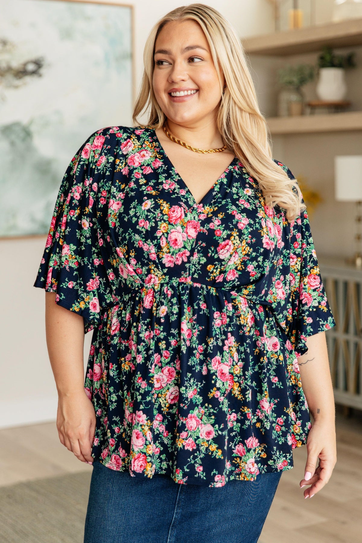 Dreamer Top in Navy and Pink Vintage Bouquet - becauseofadi