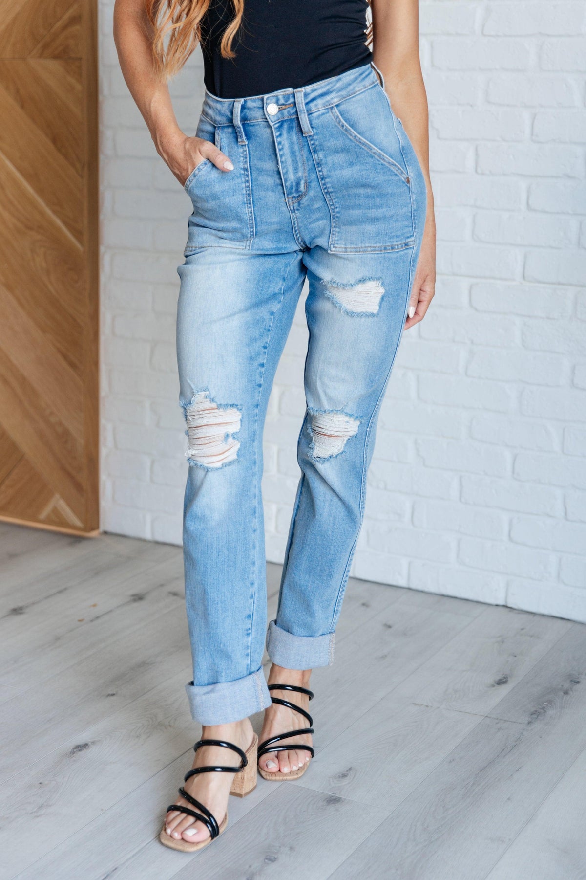 Judy Blue | Aiden High Rise Patch Pocket Distressed Boyfriend Jeans