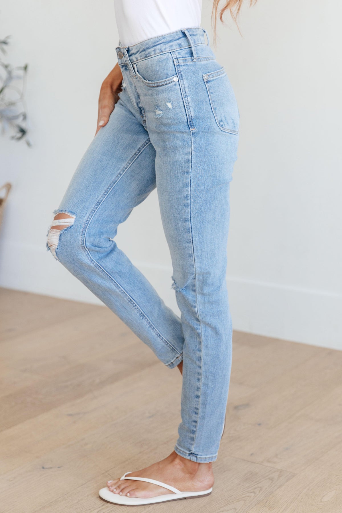 Judy Blue | Eloise Mid Rise Control Top Distressed Skinny Jeans - becauseofadi