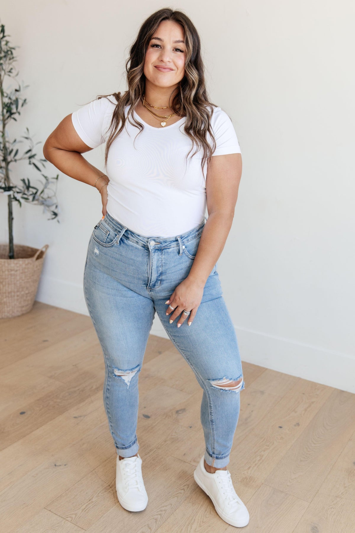 Judy Blue | Eloise Mid Rise Control Top Distressed Skinny Jeans - becauseofadi