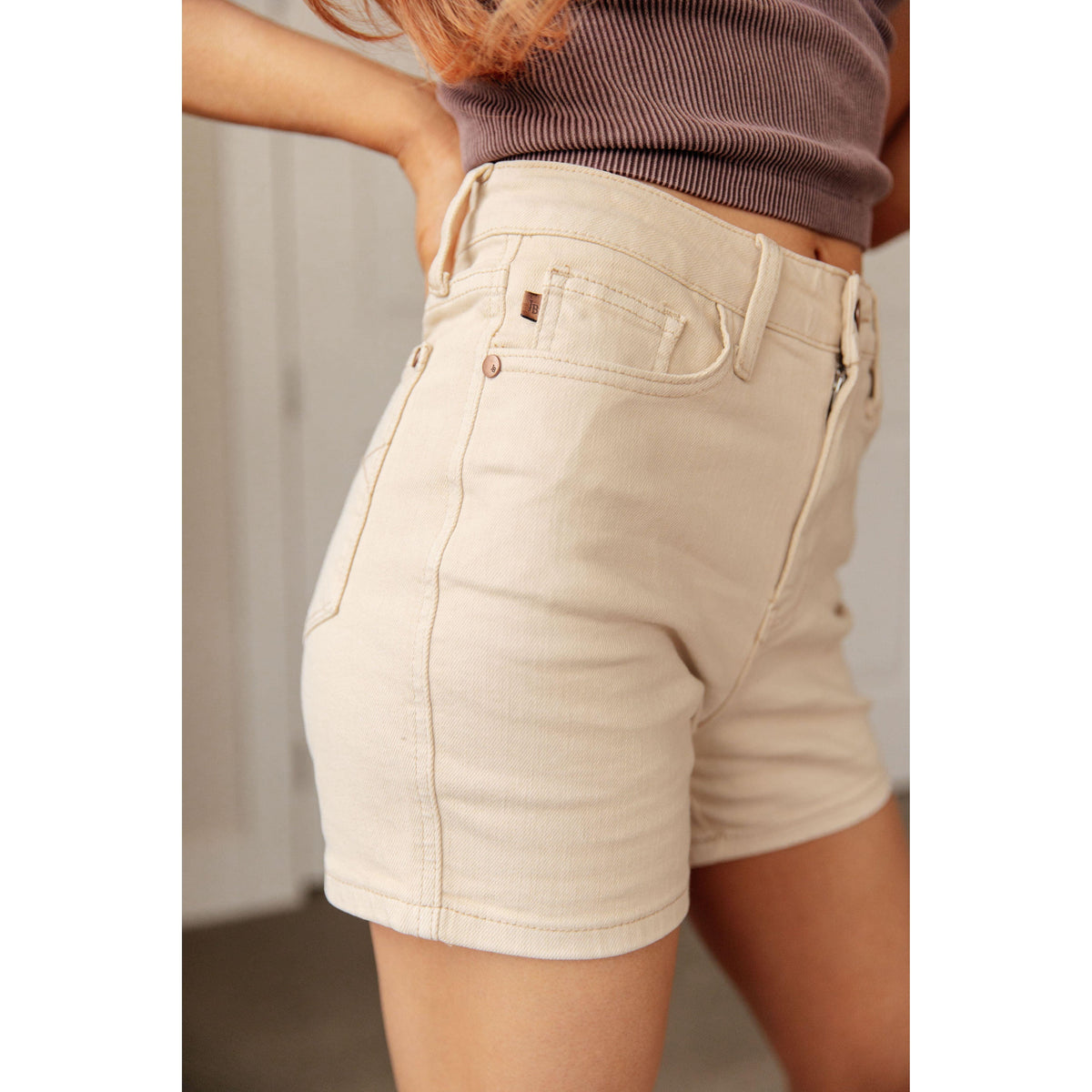 Judy Blue | Greta High Rise Garment Dyed Shorts in Bone - becauseofadi