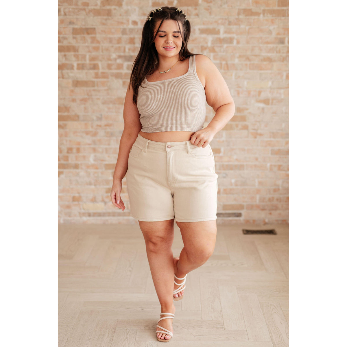 Judy Blue | Greta High Rise Garment Dyed Shorts in Bone - becauseofadi