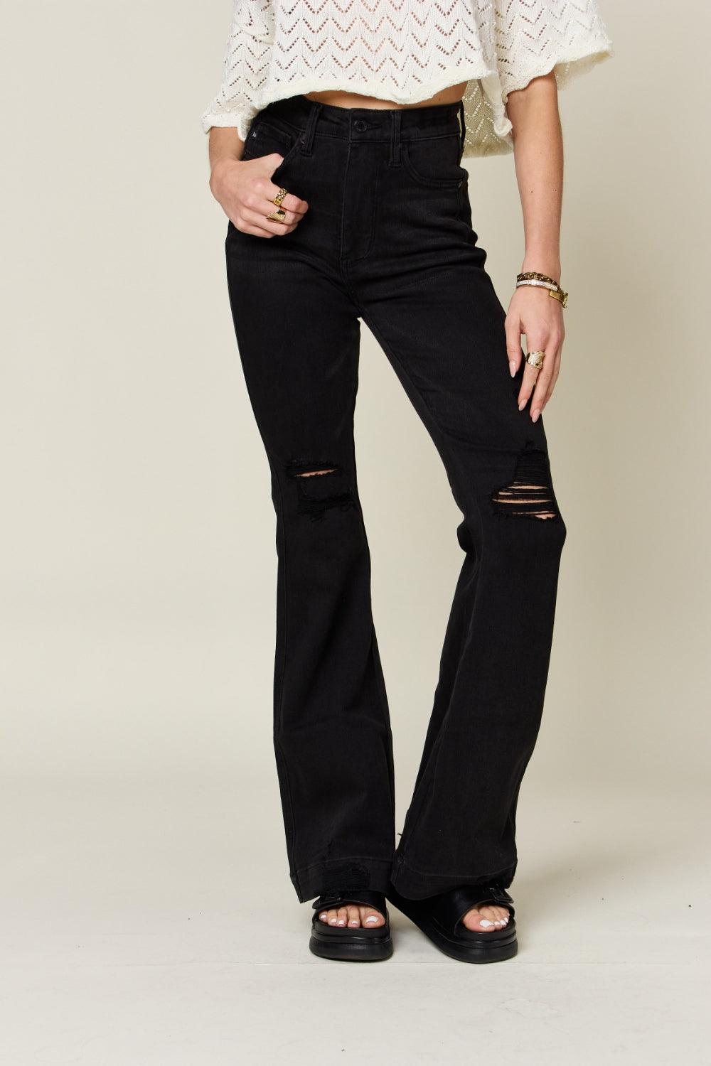 Judy Blue | High Rise Distressed Flare Jeans in Black - becauseofadi