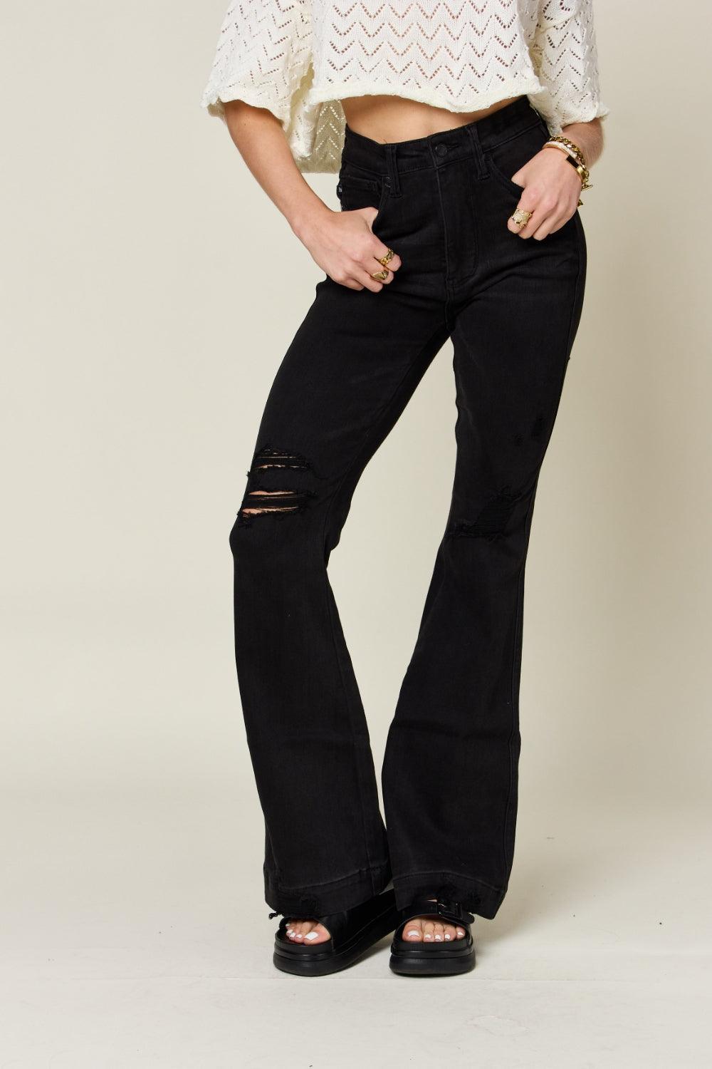 Judy Blue | High Rise Distressed Flare Jeans in Black - becauseofadi