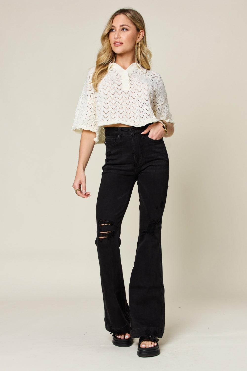 Judy Blue | High Rise Distressed Flare Jeans in Black - becauseofadi