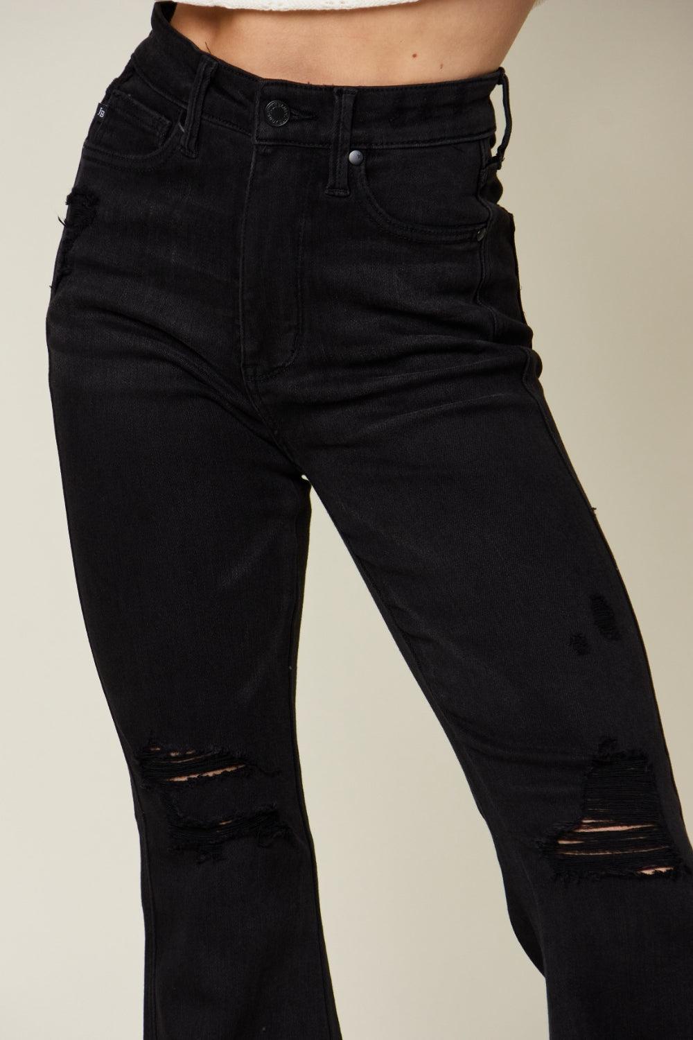 Judy Blue | High Rise Distressed Flare Jeans in Black - becauseofadi