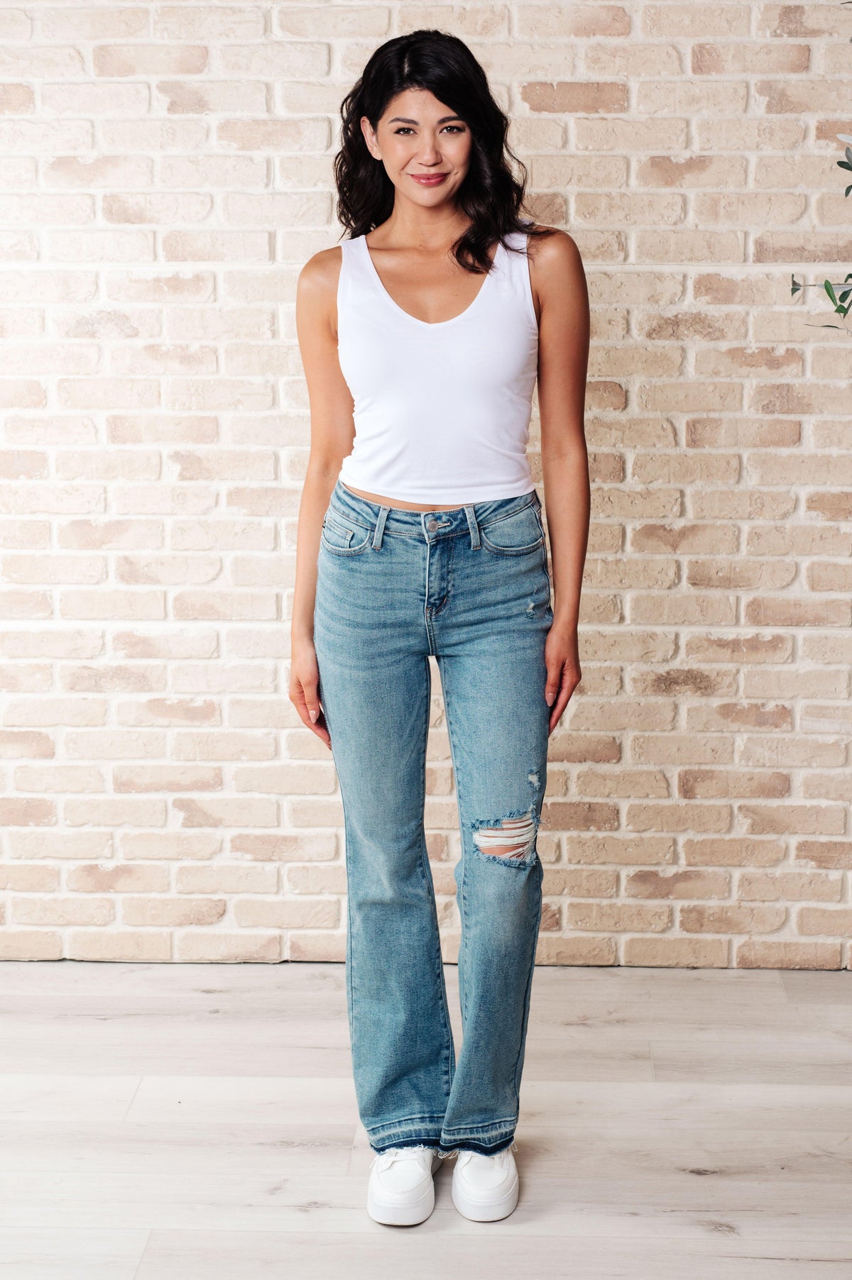 Judy Blue | Isla Mid Rise Distressed Released Hem Bootcut Jeans - becauseofadi