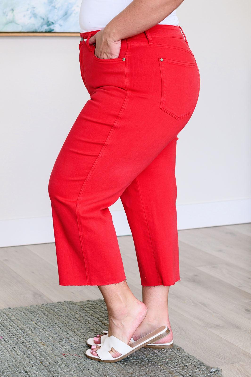 Judy Blue | Lisa High Rise Control Top Wide Leg Crop Jeans in Red - becauseofadi