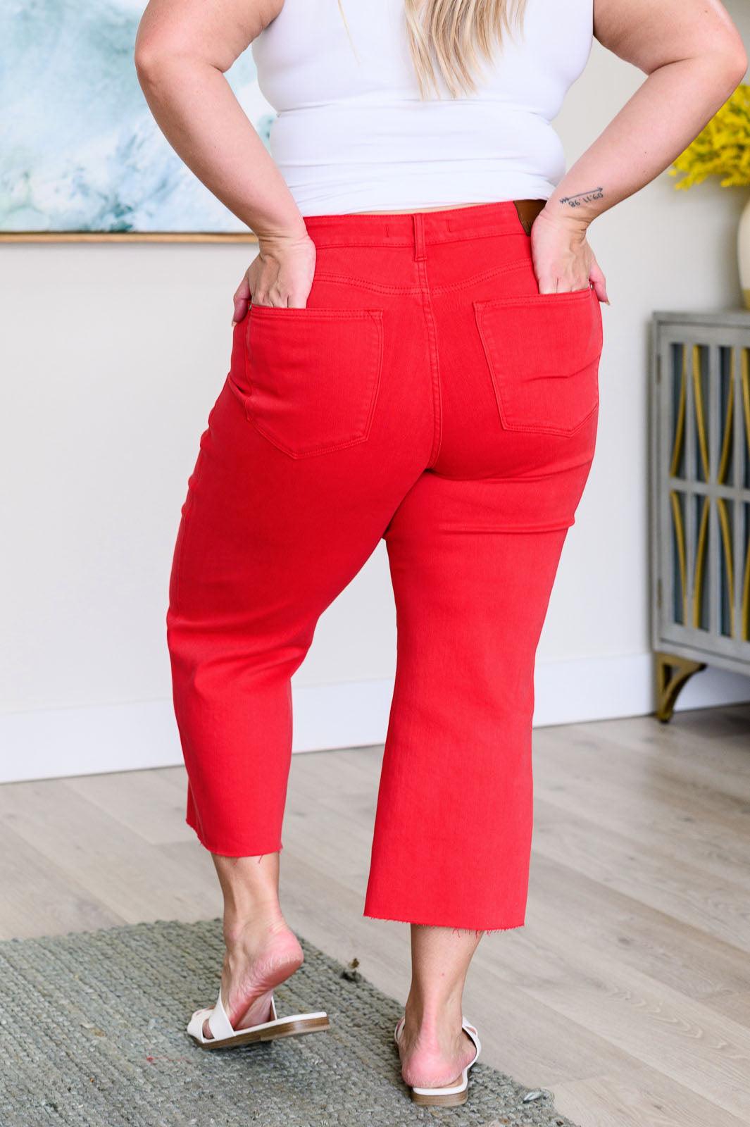 Judy Blue | Lisa High Rise Control Top Wide Leg Crop Jeans in Red - becauseofadi