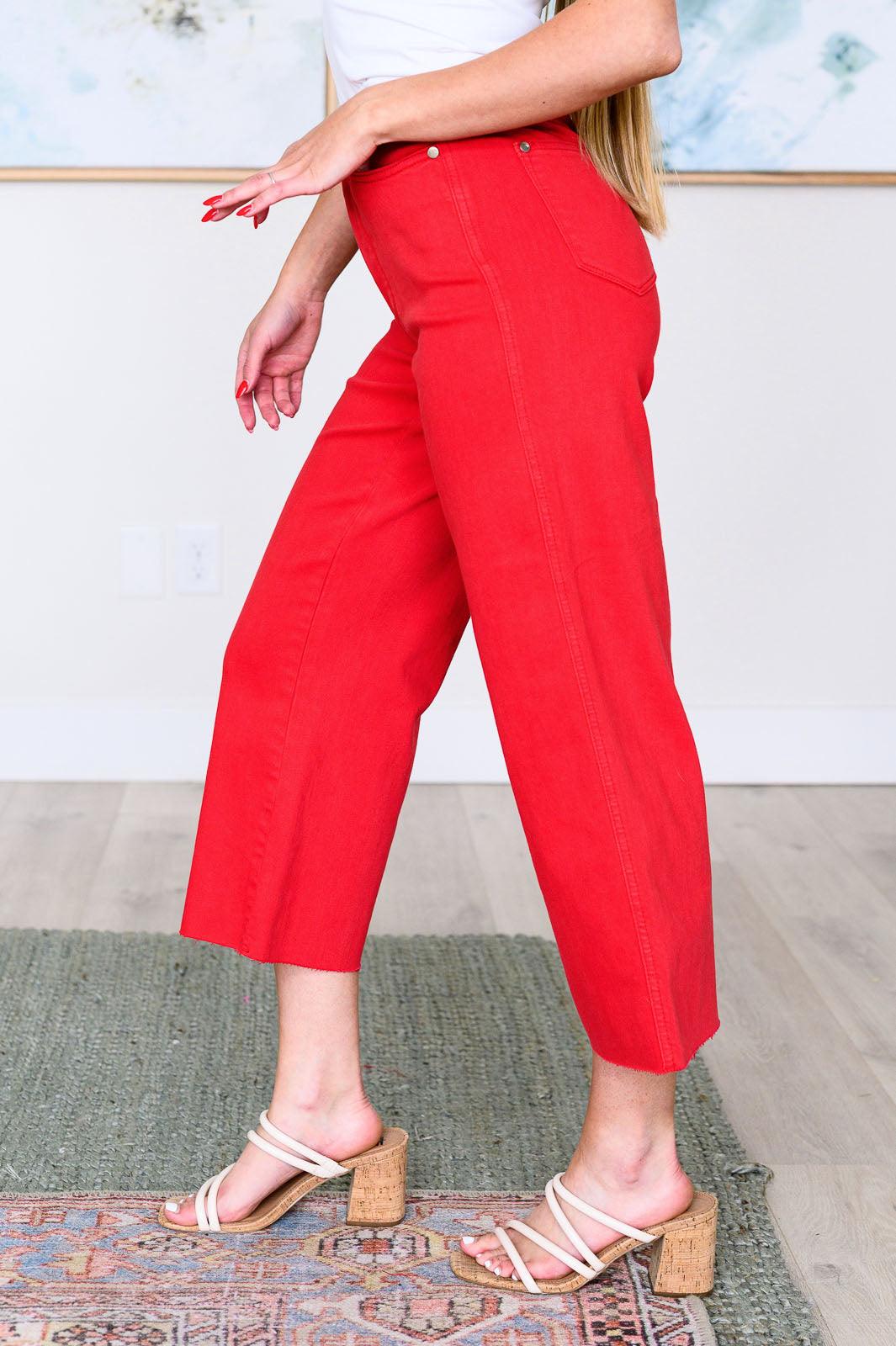 Judy Blue | Lisa High Rise Control Top Wide Leg Crop Jeans in Red - becauseofadi