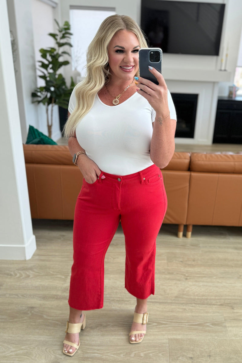 Judy Blue | Lisa High Rise Control Top Wide Leg Crop Jeans in Red - becauseofadi