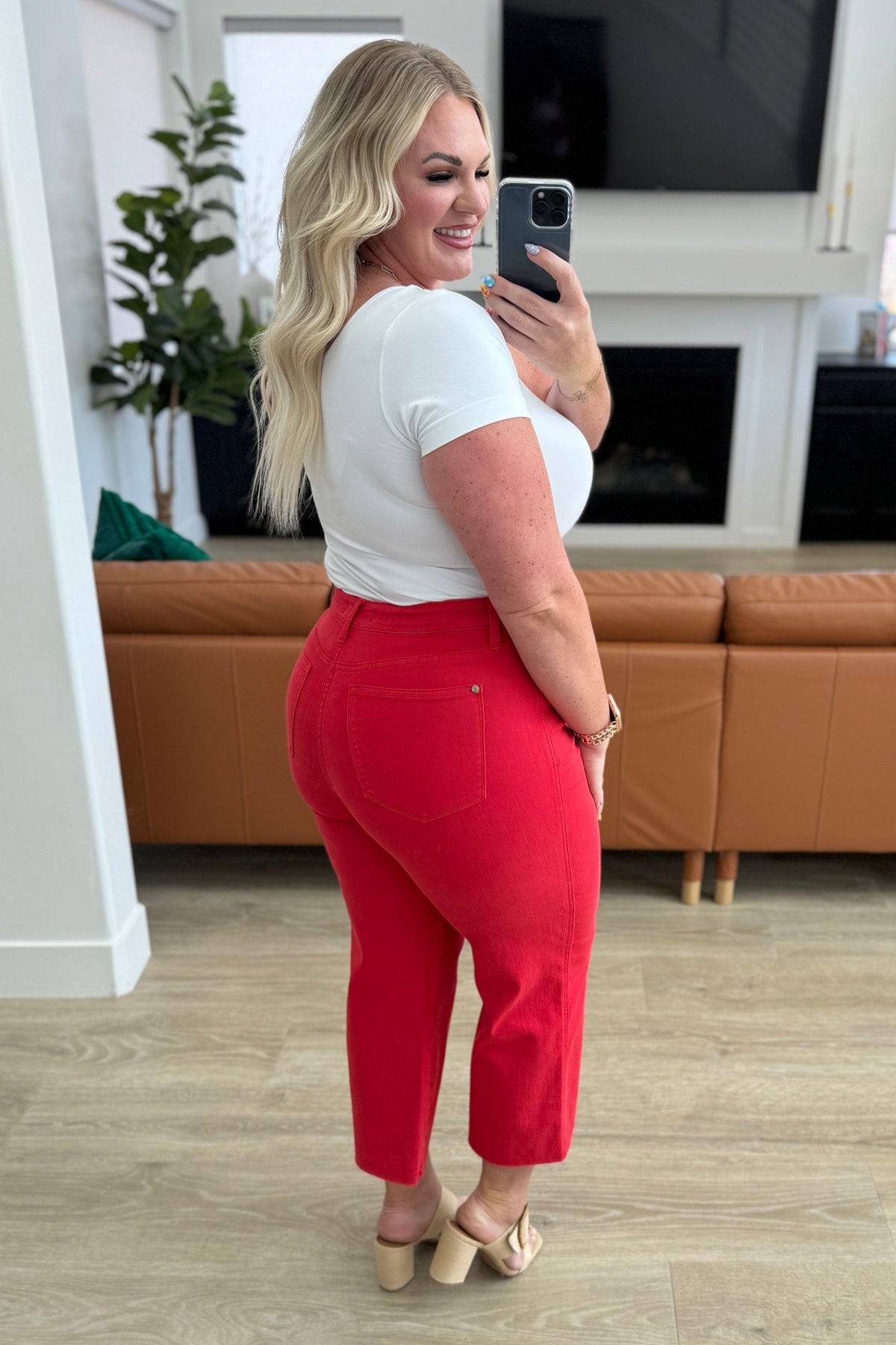 Judy Blue | Lisa High Rise Control Top Wide Leg Crop Jeans in Red - becauseofadi