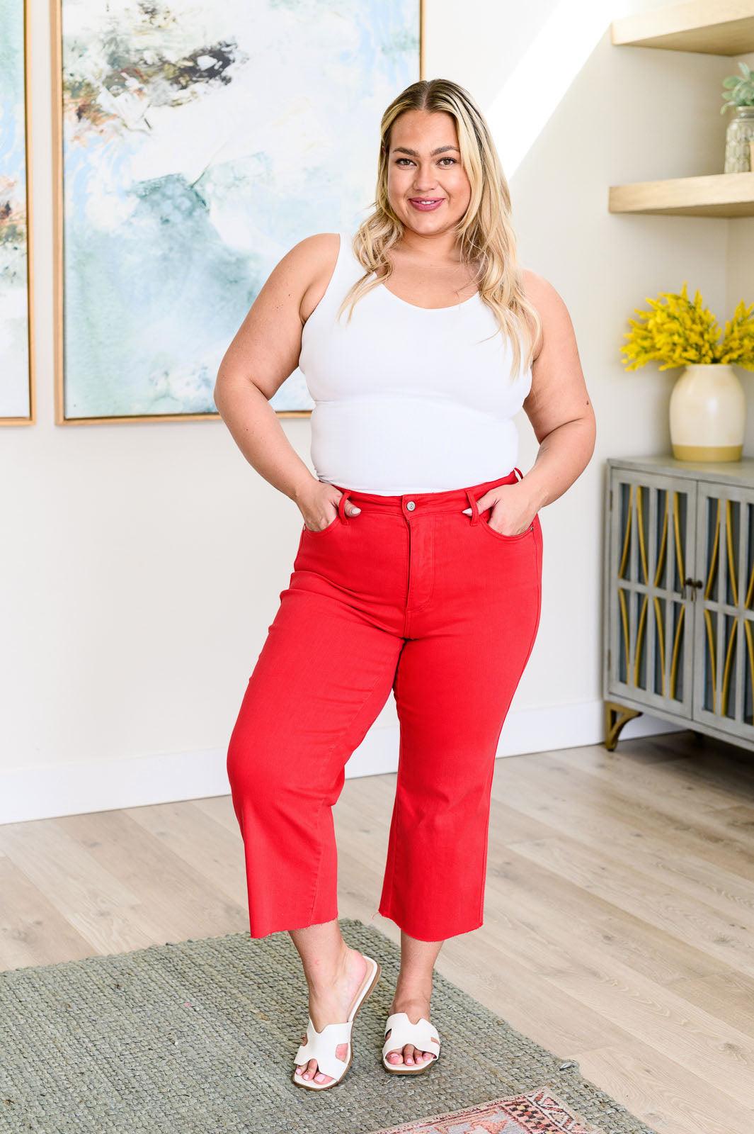 Judy Blue | Lisa High Rise Control Top Wide Leg Crop Jeans in Red - becauseofadi