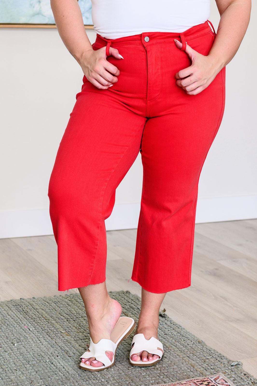 Judy Blue | Lisa High Rise Control Top Wide Leg Crop Jeans in Red - becauseofadi