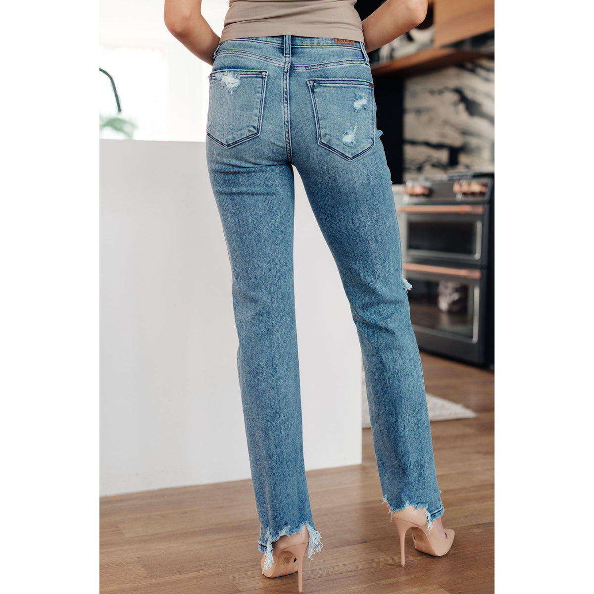 Judy Blue | O'Hara Mid Rise Destroyed Straight Jeans in Medium Wash - becauseofadi