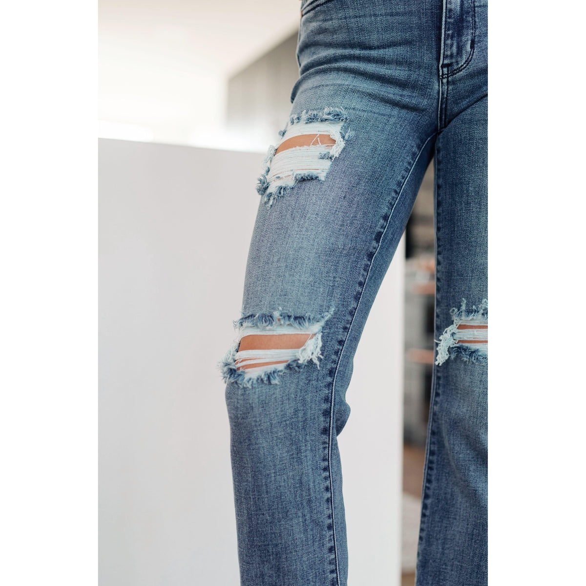 Judy Blue | O'Hara Mid Rise Destroyed Straight Jeans in Medium Wash - becauseofadi