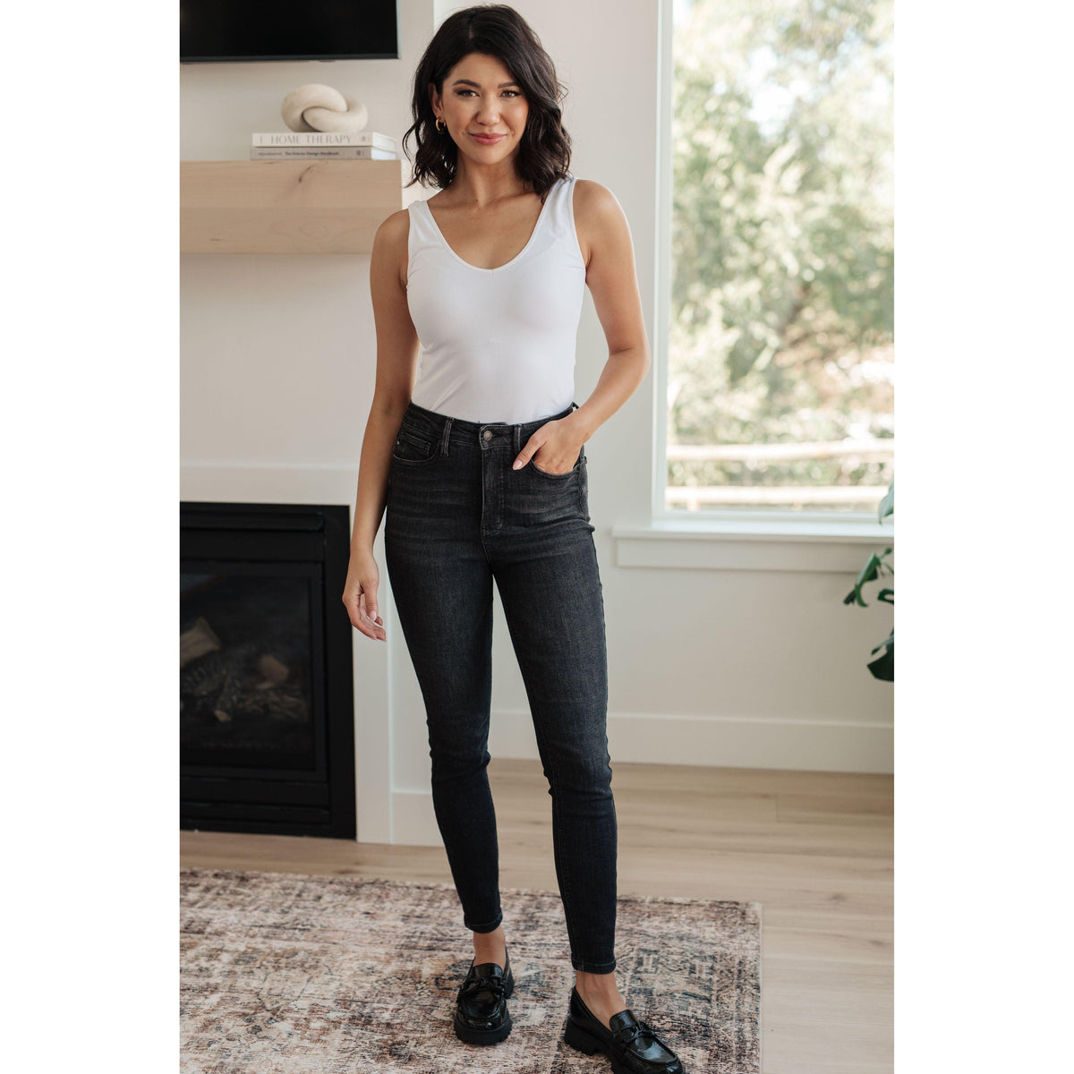 Judy Blue | Octavia High Rise Control Top Skinny Jeans in Washed Black - becauseofadi