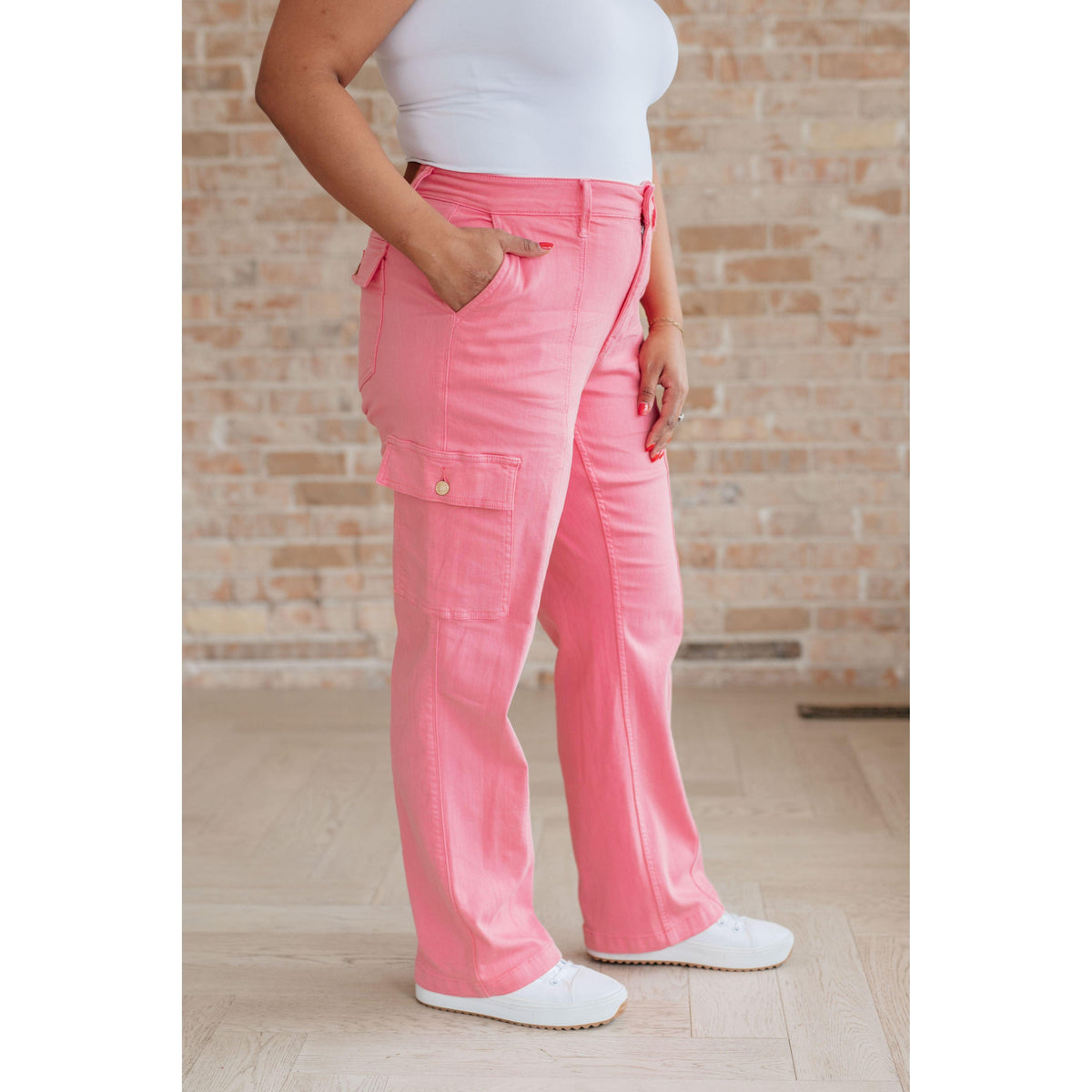 Judy Blue | Peggy High Rise Cargo Straight Jeans in Pink - becauseofadi