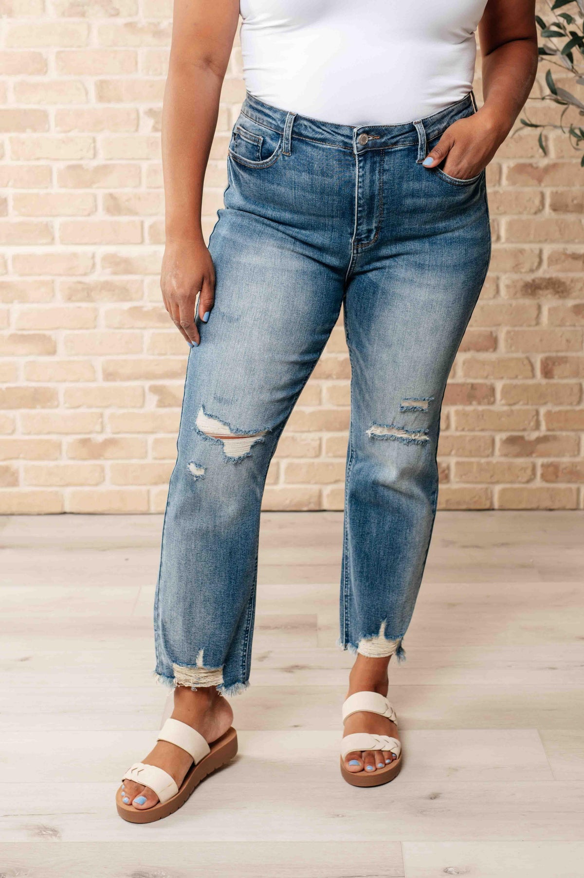 Judy Blue | Sammy High Waist Distressed Crop Straight Leg Jeans - becauseofadi