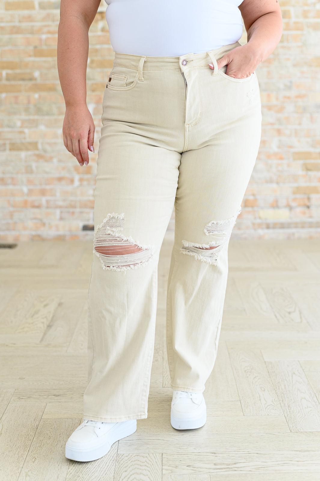 Judy Blue | Selena High Rise Distressed 90's Straight Jeans in Bone - becauseofadi