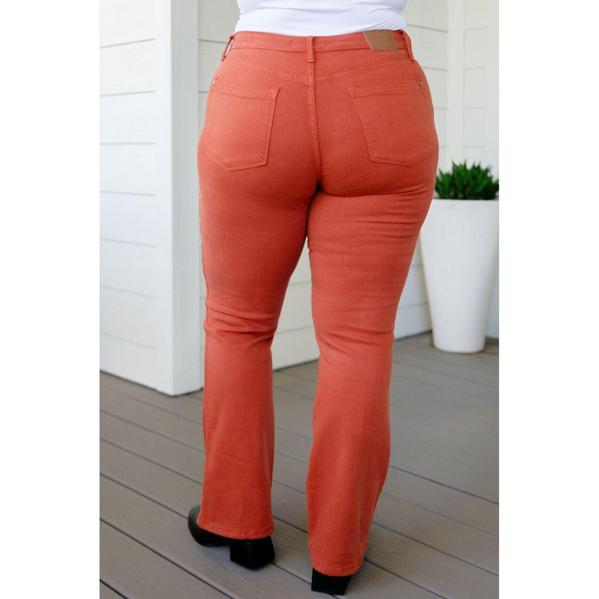 Autumn Mid Rise Slim Bootcut Jeans in Terracotta - becauseofadi