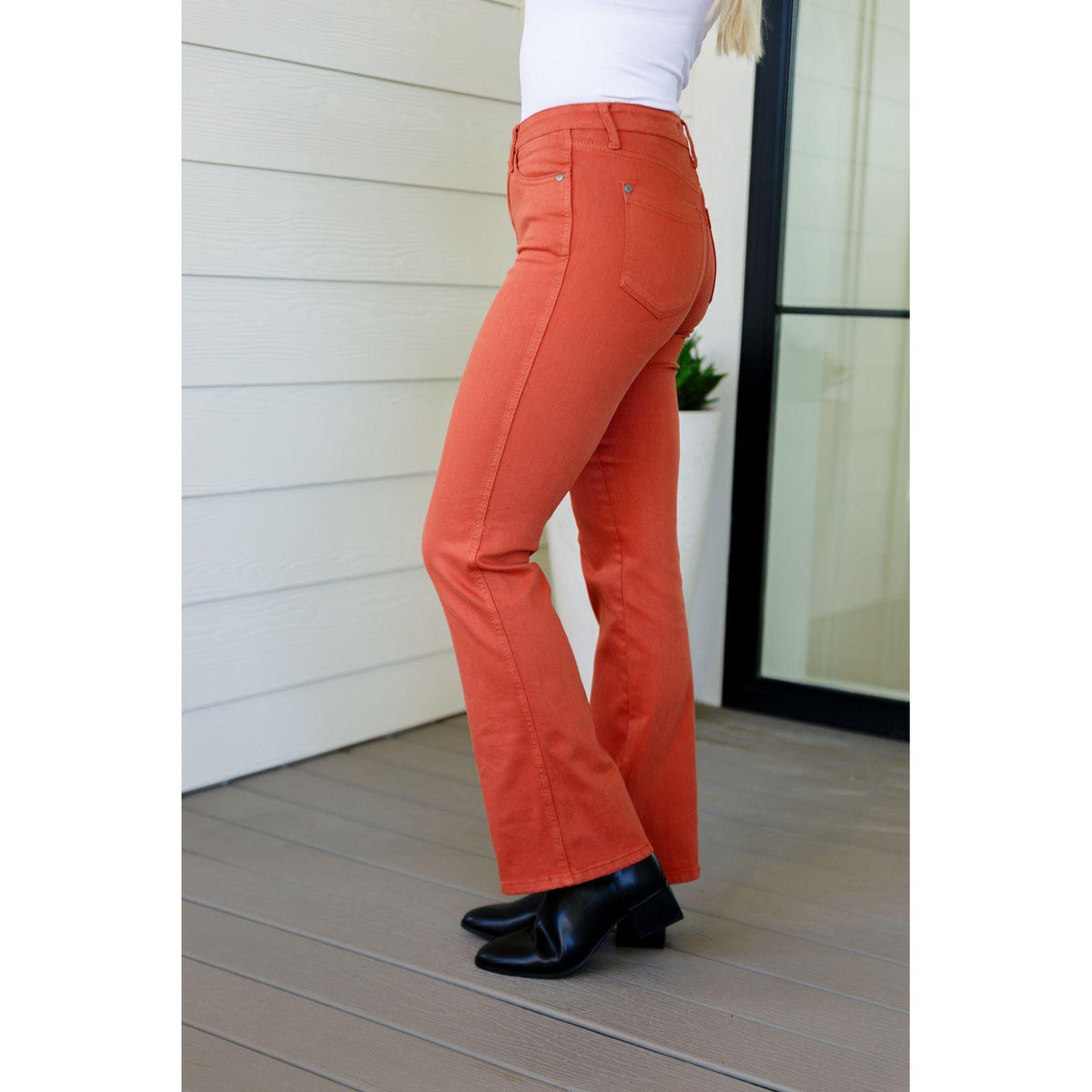 Autumn Mid Rise Slim Bootcut Jeans in Terracotta - becauseofadi