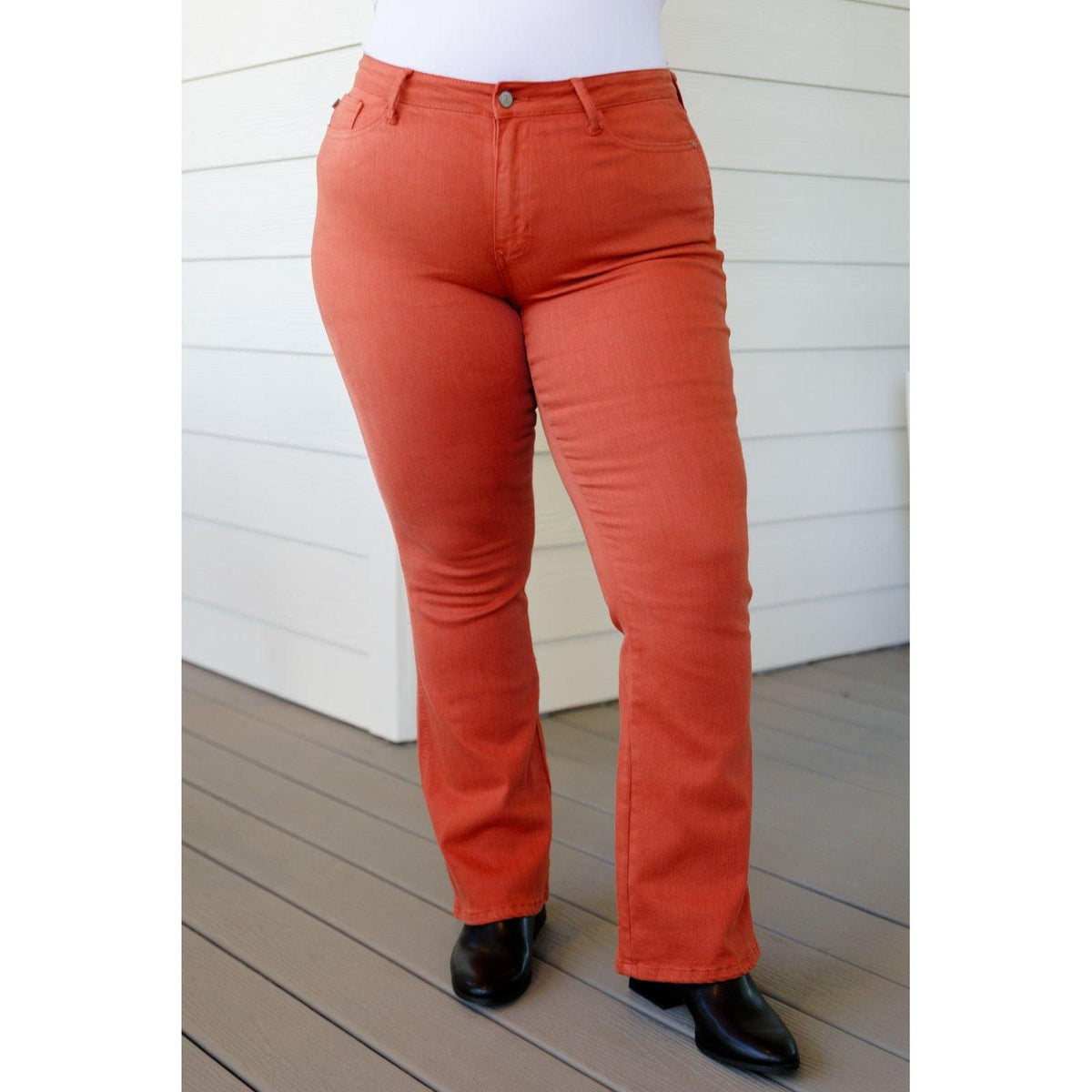 Autumn Mid Rise Slim Bootcut Jeans in Terracotta - becauseofadi