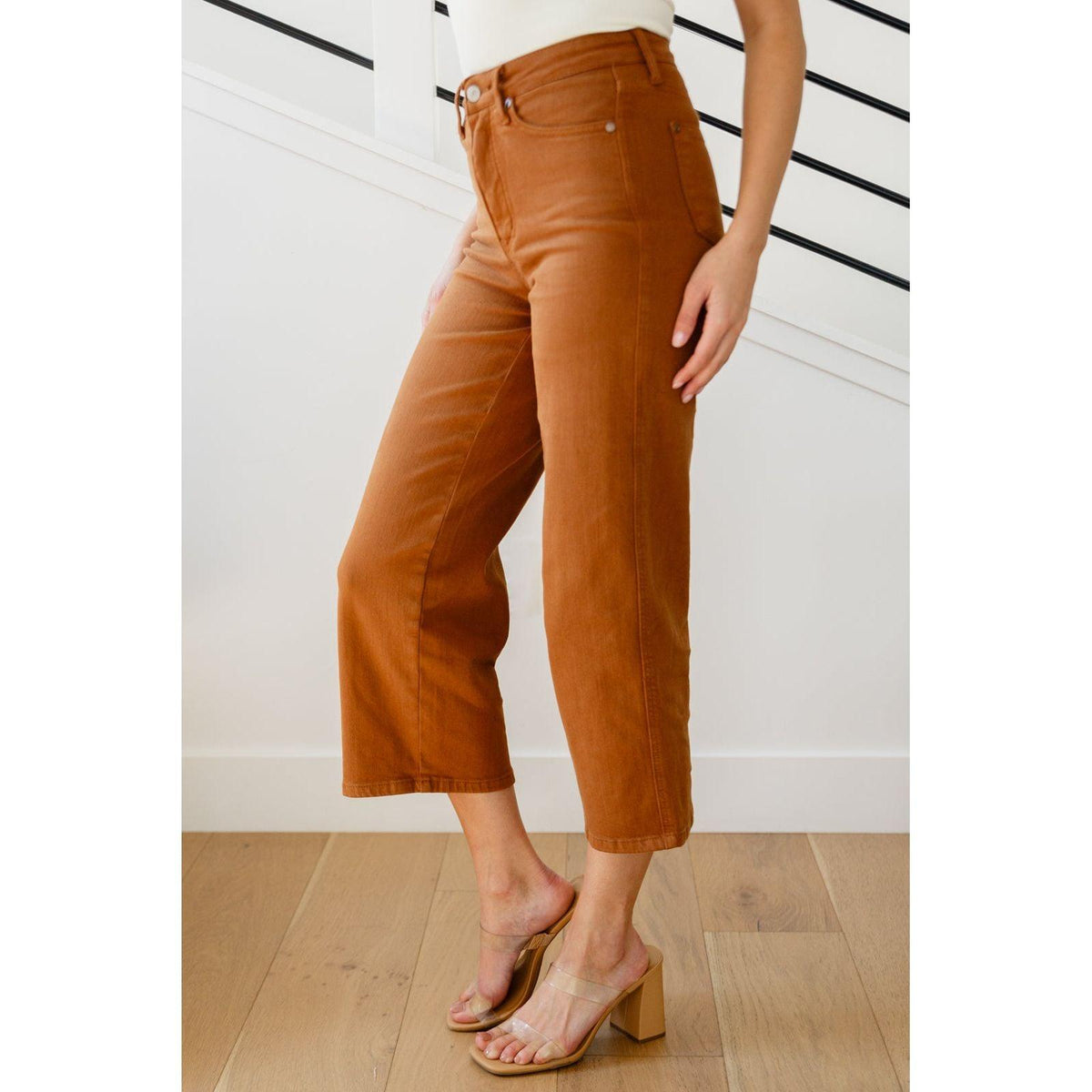 Judy Blue | Briar High Rise Control Top Wide Leg Crop Jeans in Camel - becauseofadi