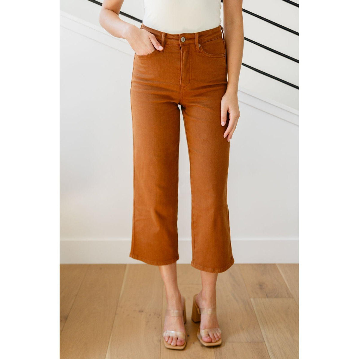 Judy Blue | Briar High Rise Control Top Wide Leg Crop Jeans in Camel - becauseofadi