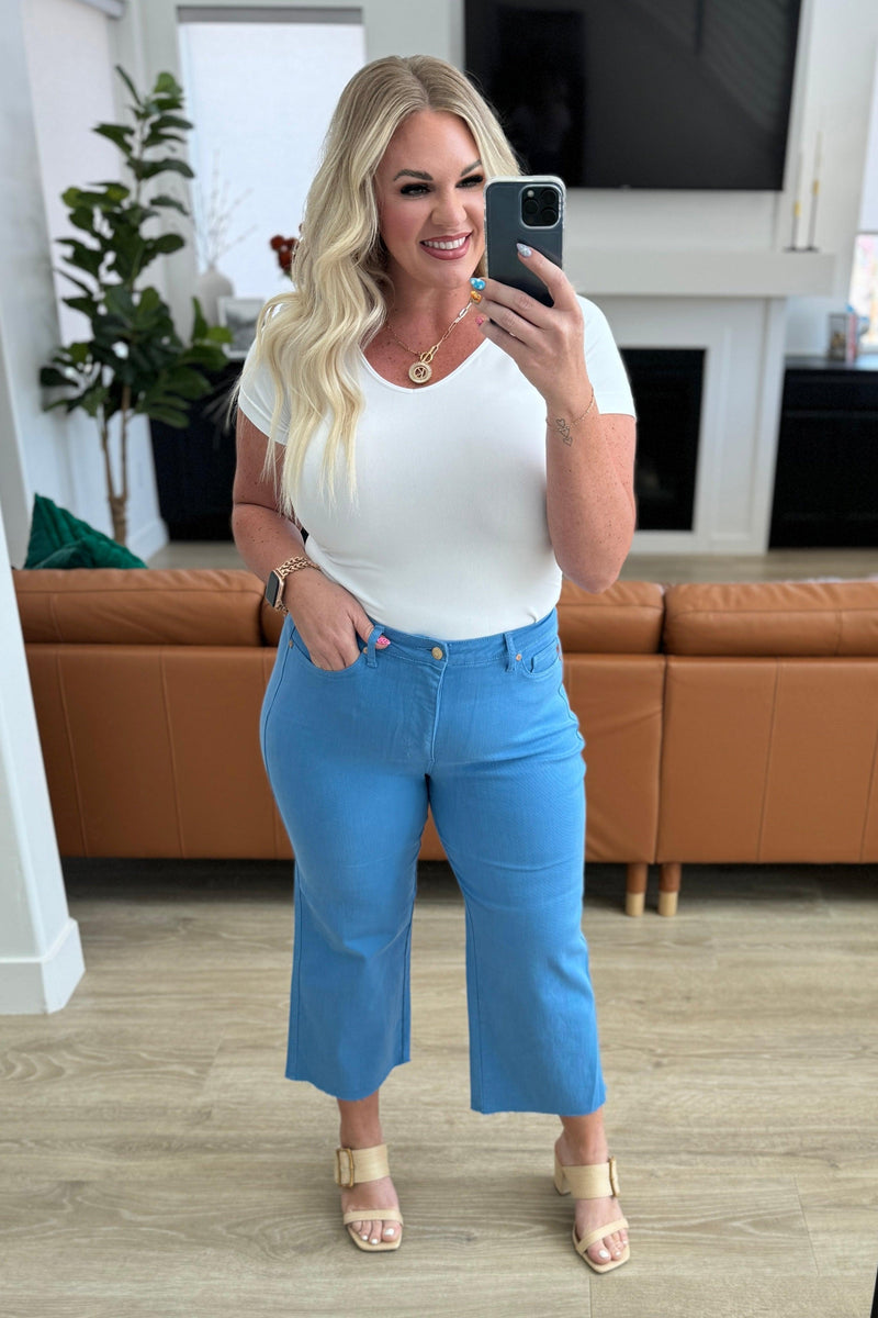 Lisa High Rise Control Top Wide Leg Crop Jeans in Sky Blue - becauseofadi