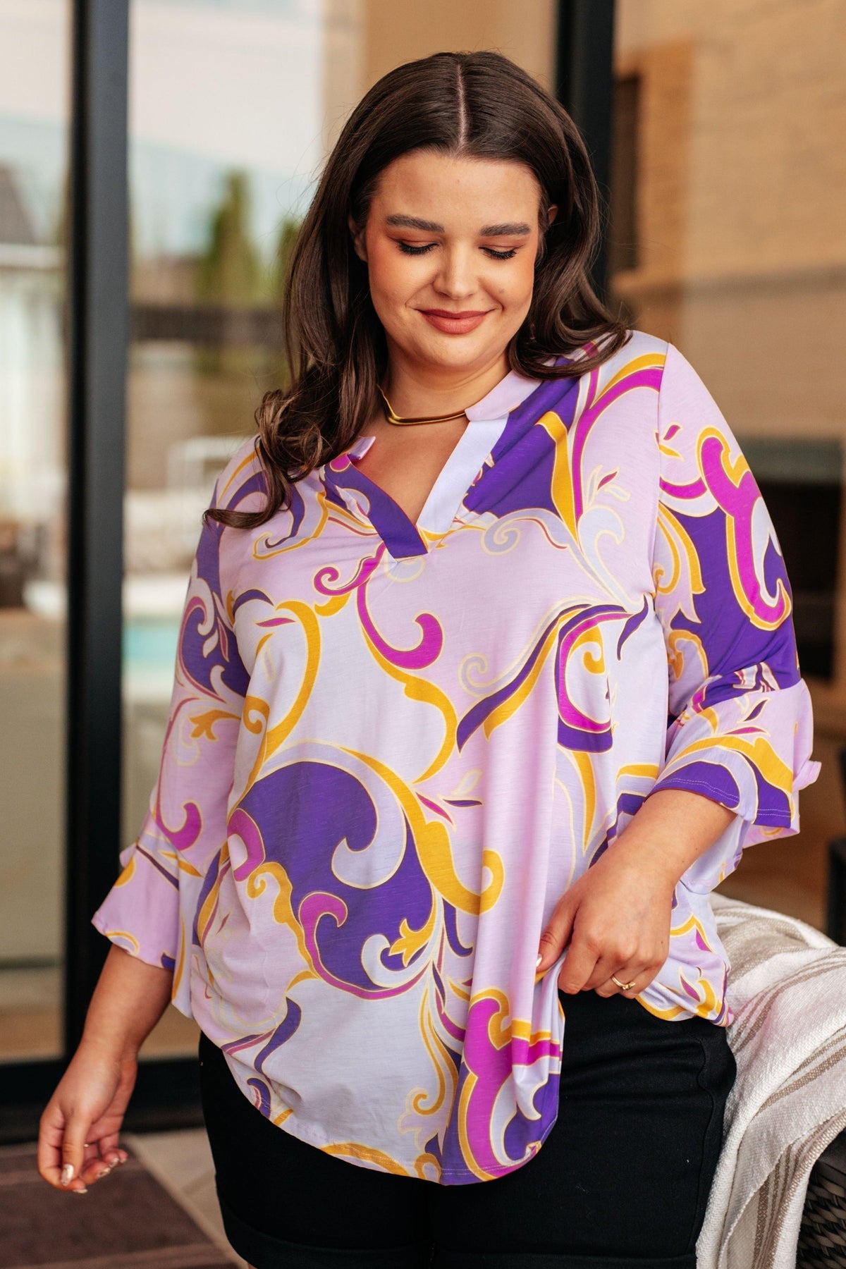 Lizzy Bell Sleeve Top in Regal Lavender and Gold - becauseofadi