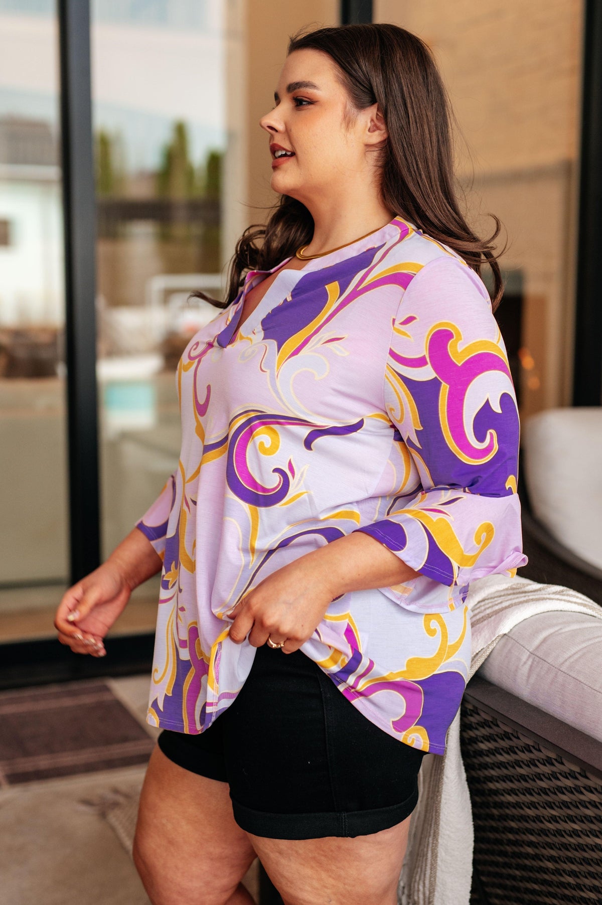 Lizzy Bell Sleeve Top in Regal Lavender and Gold - becauseofadi