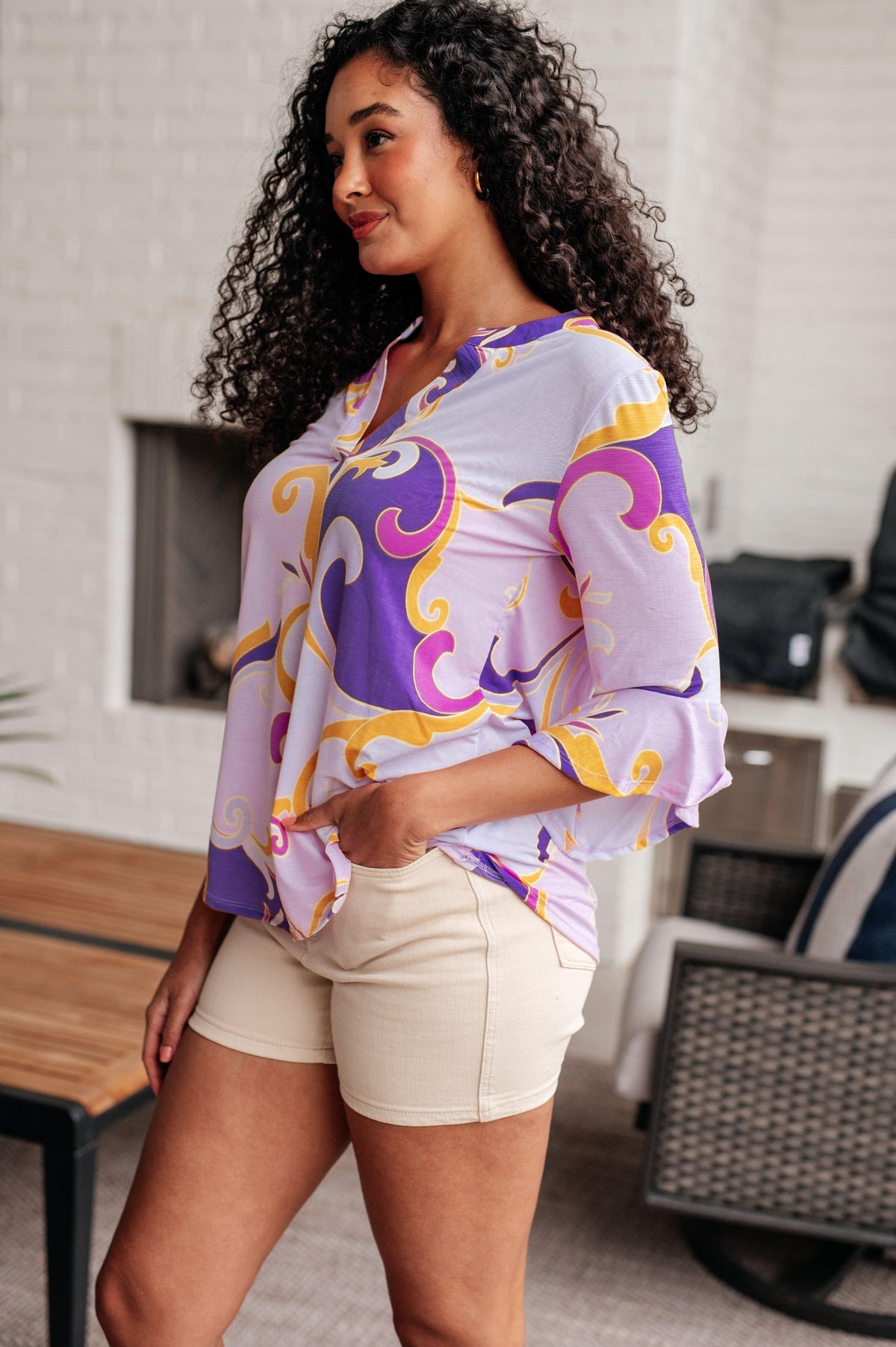 Lizzy Bell Sleeve Top in Regal Lavender and Gold - becauseofadi