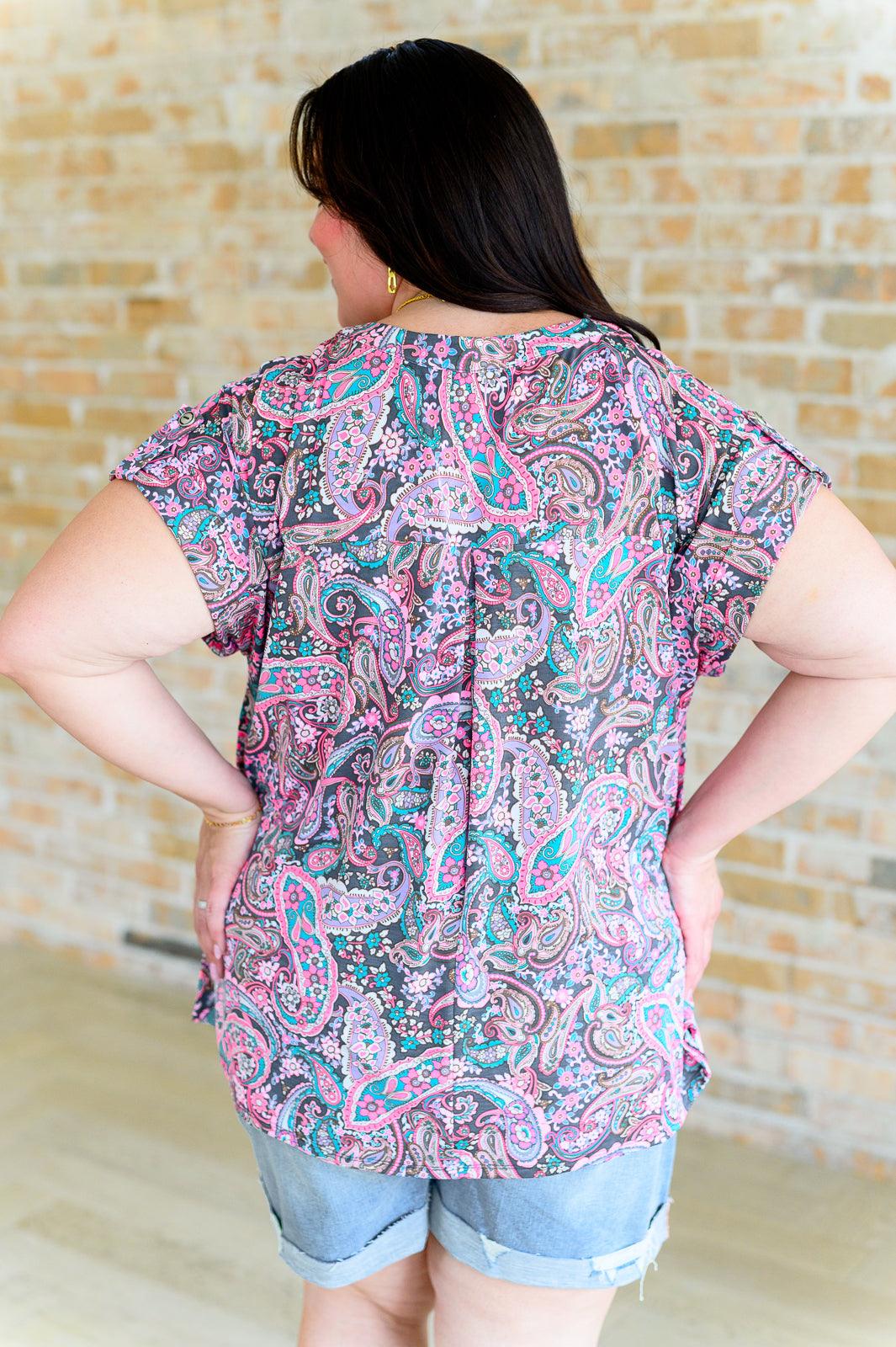 Lizzy Cap Sleeve Top in Charcoal and Pink Paisley - becauseofadi