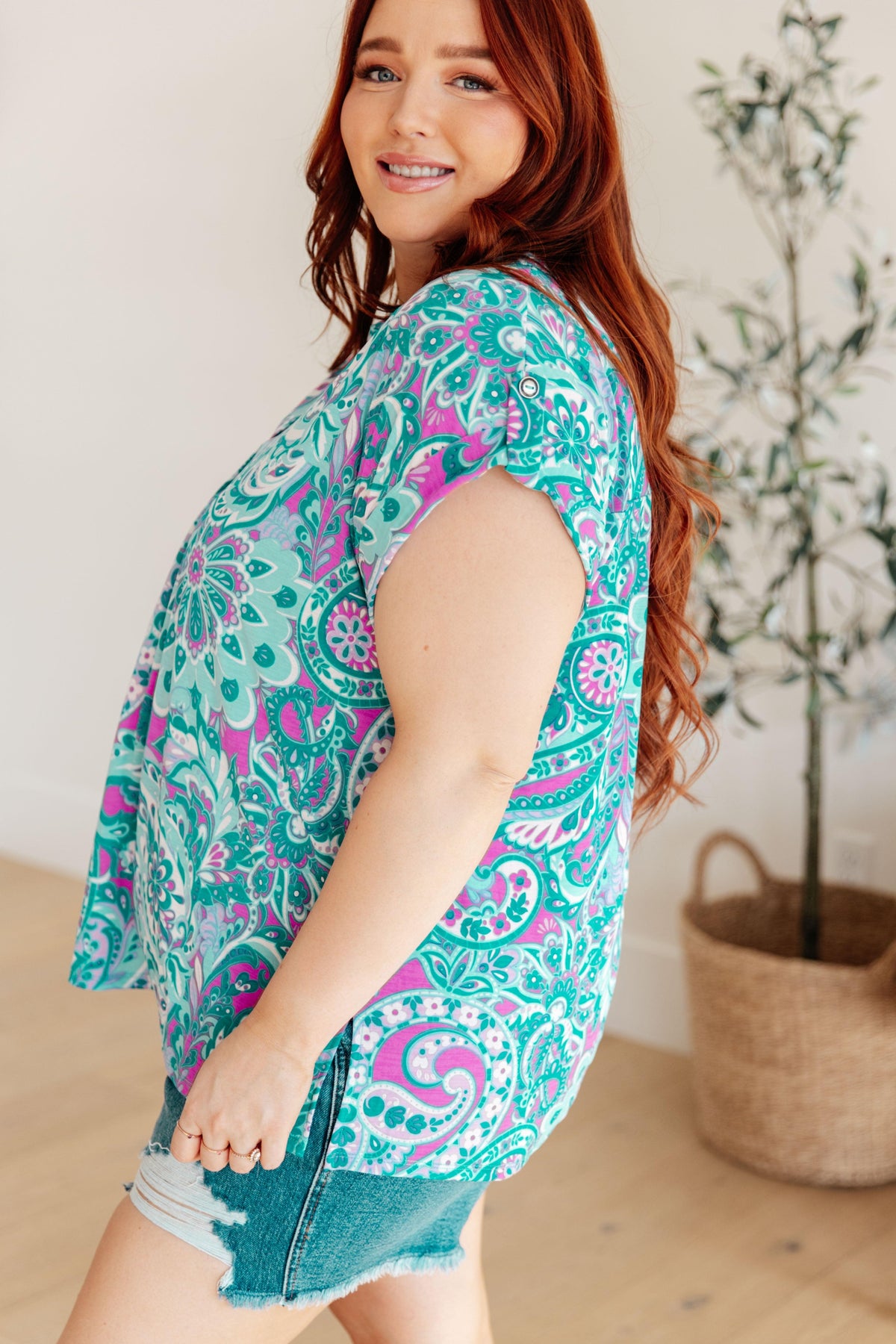 Lizzy Cap Sleeve Top in Magenta and Teal Paisley - becauseofadi